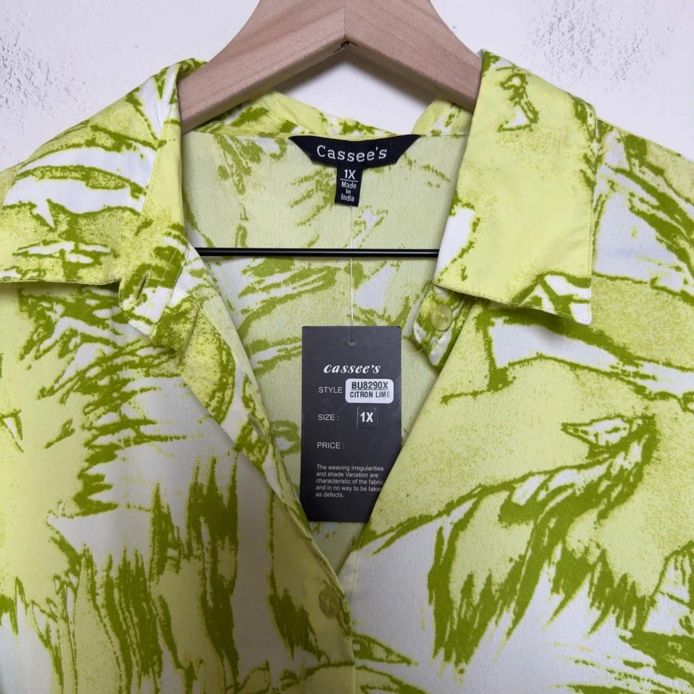 NEW Cassee‎ Women Tiered Midi Shirt Dress 1X Lime Green Vacation Resort Abstract - Picture 4 of 9